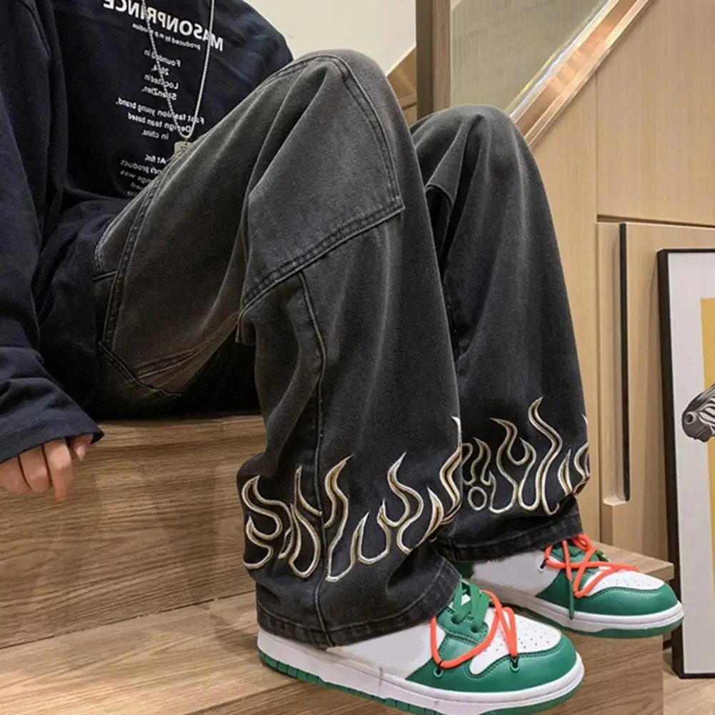 Брюки мужские джинсовые с принтом пламени повседневные прямые широкие штаны из