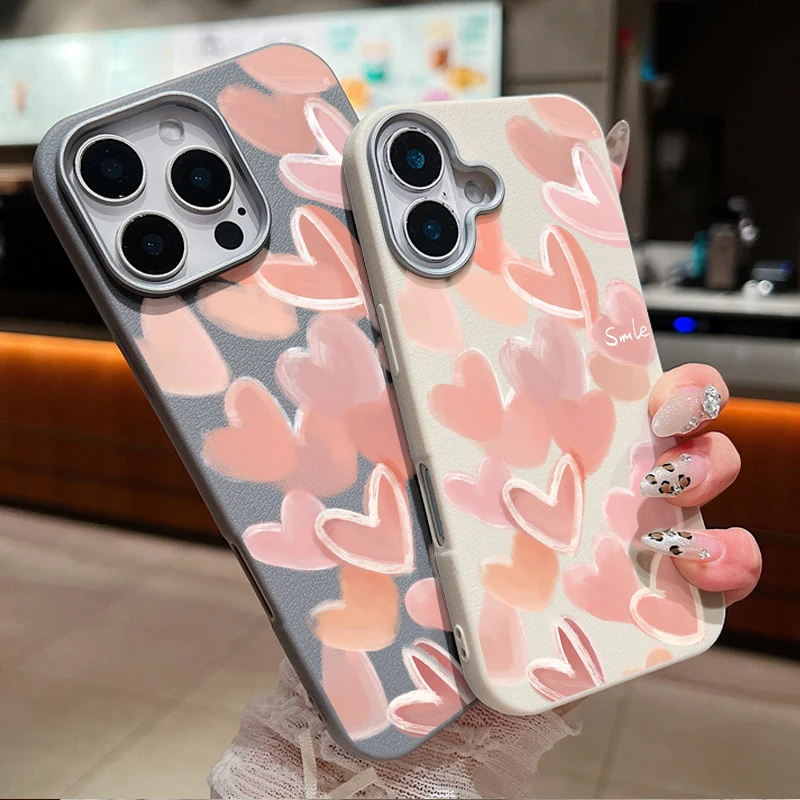Pink Love Hearts Case For iPhone 11 12 13 14 15 Pro Max SE Luxury Leather Texture Soft Silicone Cover 16