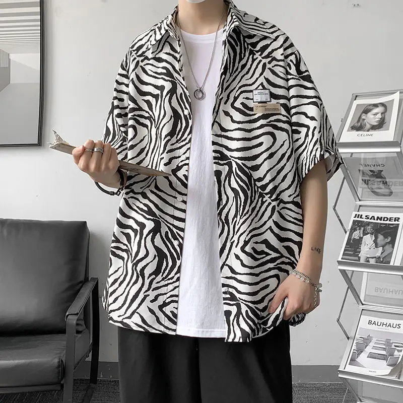 

Zebra Pattern Full Print Ice Silk Beach Short Sleeve Shirt Men Summer Button Up Shirt Women Loose Casual Shirt Korean Clothes