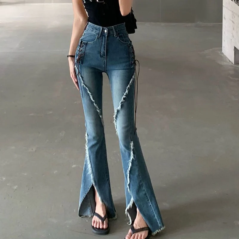 American Retro Jeans Women Hotsweet High Waist Vent Tassel Oversize Slim Pocket Lace-up Street Button Stretch Flared Trousers