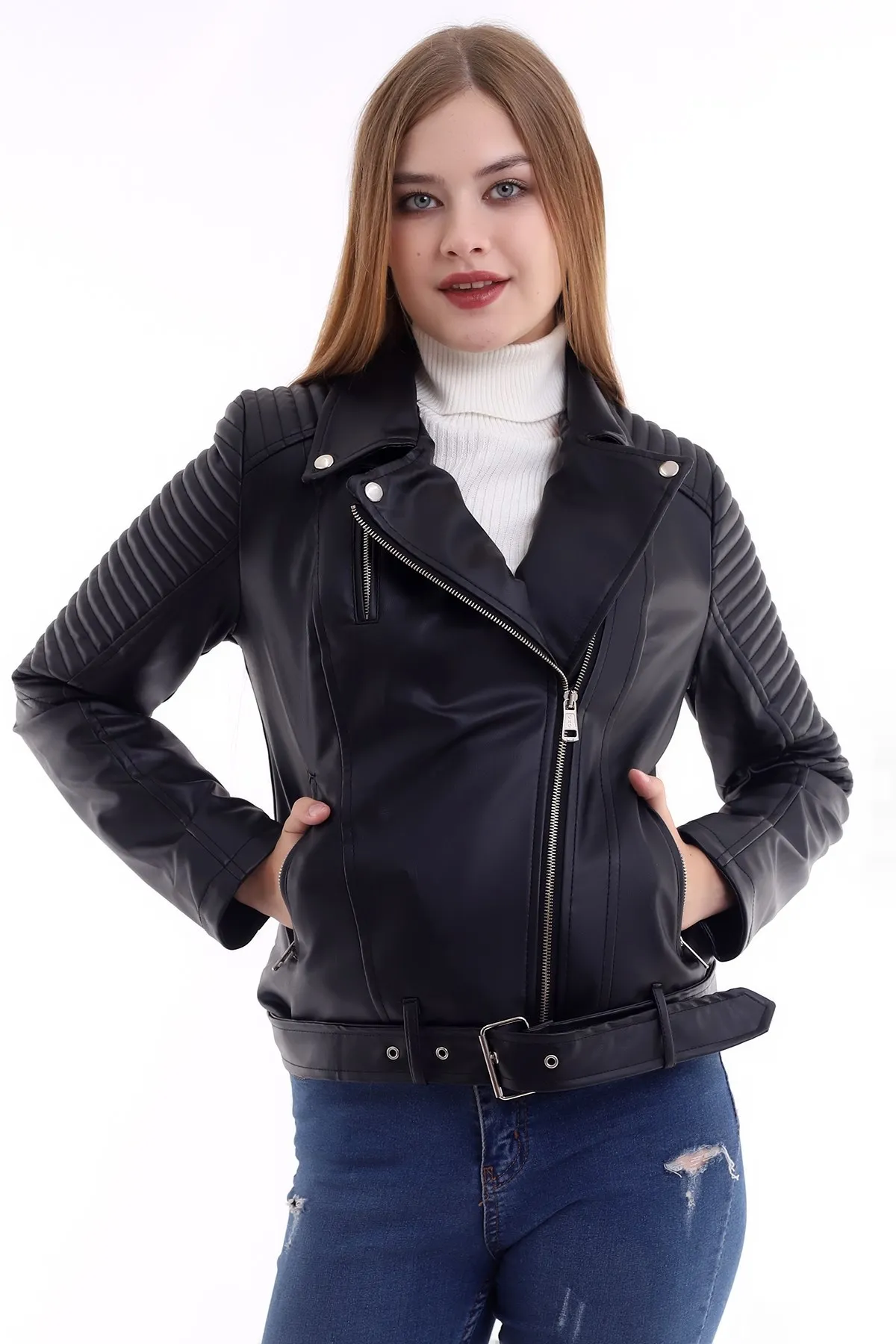

Zipper Detail Kemerli Women Leather Jacket Coats Black CRB7503S