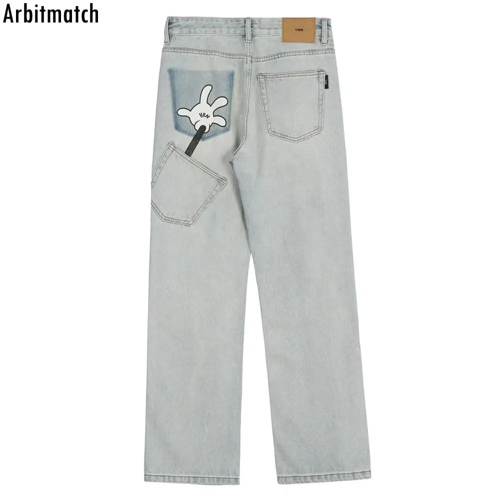

Arbitma Fashion Straight Pants Men's Funny Cartoon Palm Print Jeans Distressed Washed Casual Men Women Hip Hop Streetwear Jeans