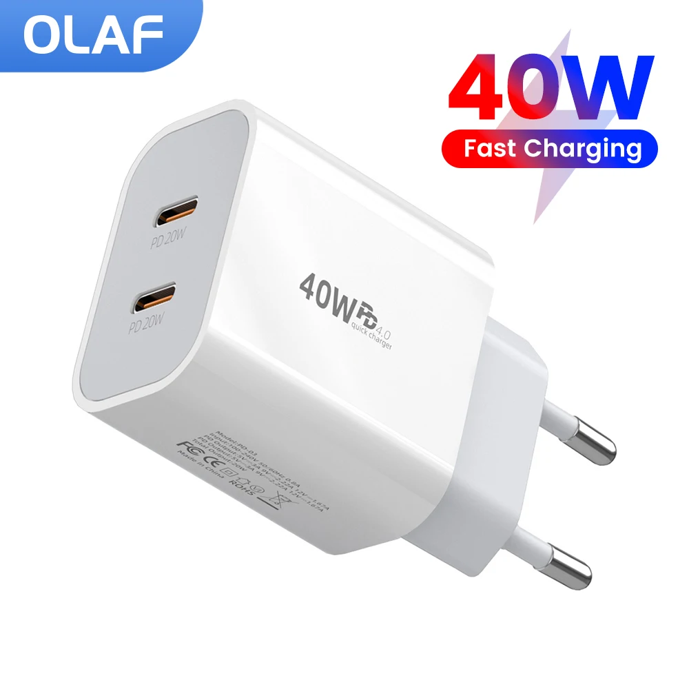 Olaf 40W USB C Charger Quick Charge QC 3.0 Dual PD Charger Type C Fast Charger Adapter For iPhone Xiaomi Samsung Huawei Phone