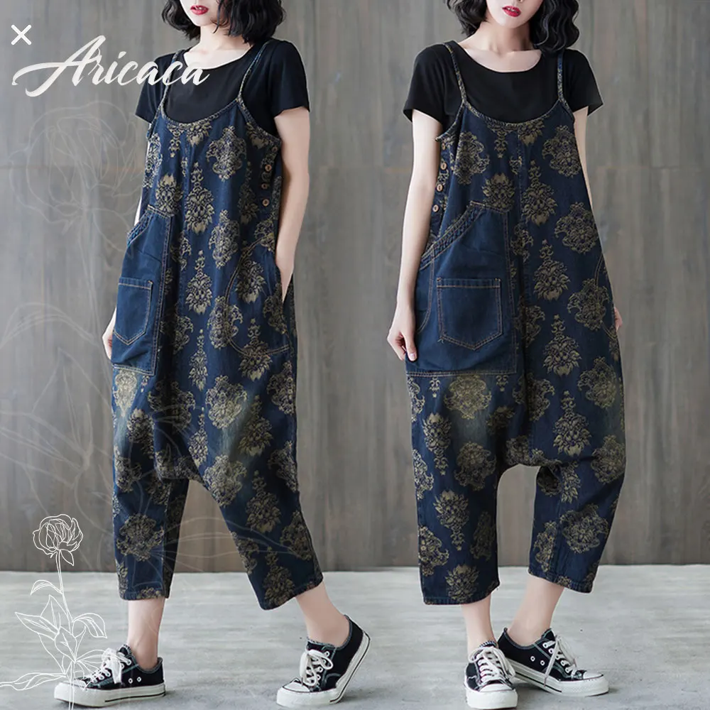 

Aricaca Women Casual Spliced Wide Leg Blue Jeans Jumpsuits High Quality Denim Overalls Stitched Denim Rompers