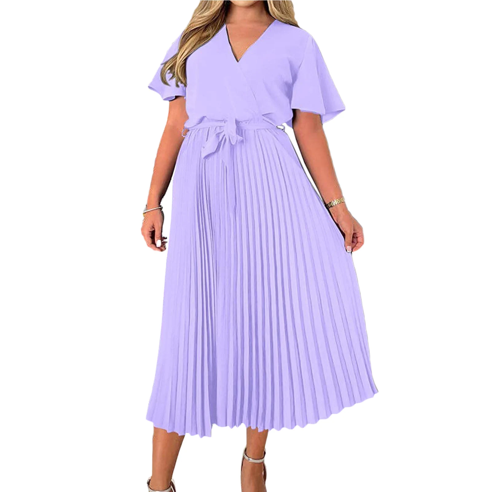 

Women Casual Dresses Short Sleeve V-Neck Summer Dress Swing Pleated Solid Color Satin Tie Waist Elegant for Holiday Shopping