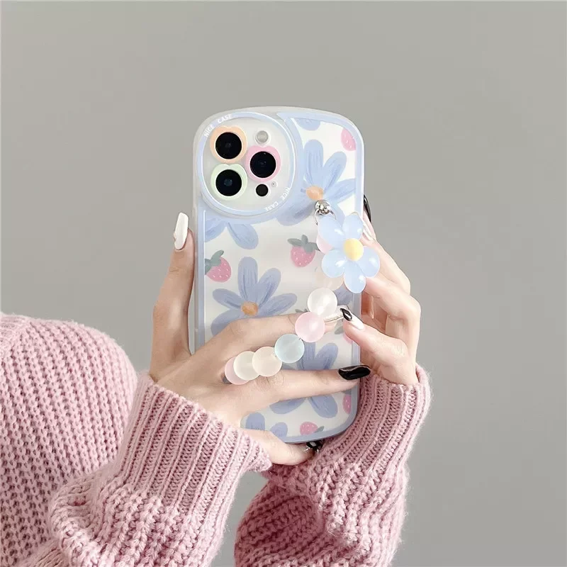 

Free Shipping for iphone 12 Pro Max 13 MiNi 11 XR X XS 7 8 plus SE 3 Lens Protective Cover 3D Flower Wrist Phone Chain Soft Pho