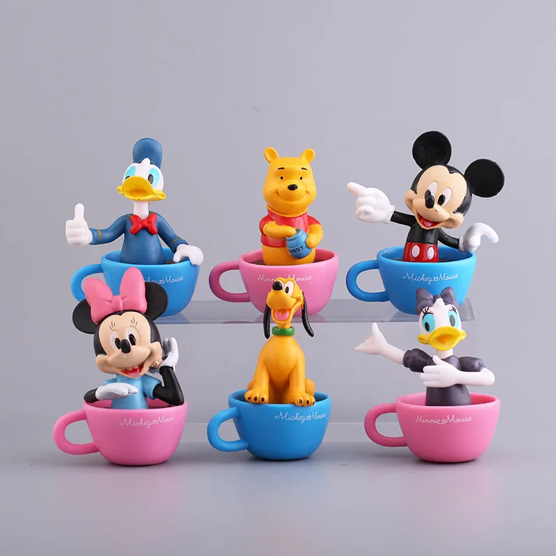 6PCS Set Disney Figure Toys Mickey Mouse Minnie Donald Duck With Cup Cute Ornaments Birthday Gifts