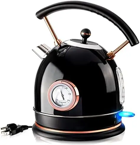 

Retro Kettle Stainless Steel 1.8L Tea Kettle, Hot Boiler with Temperature Gauge, Led Light, Fast Boiling, Auto Shut-Off&Bo