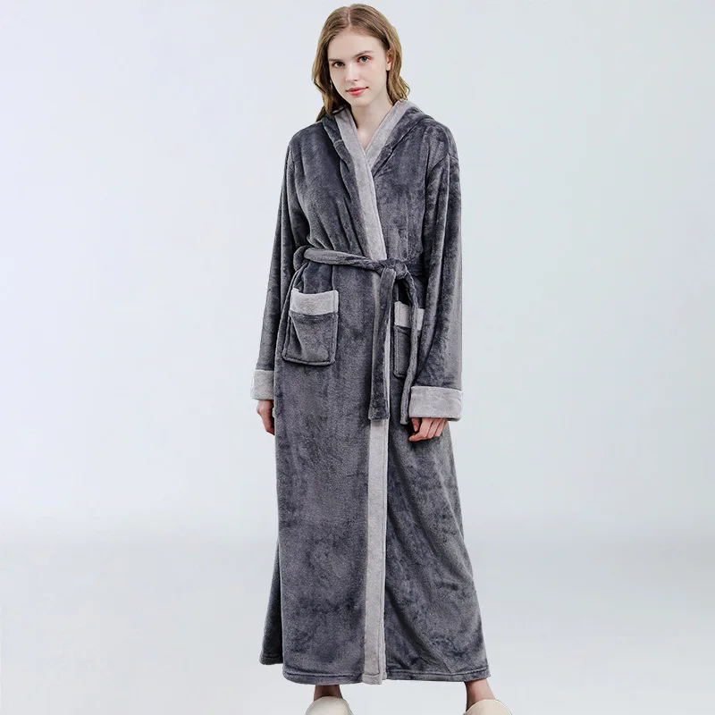 Long Bathrobe Women Soldi Hooded Winter Warm Ladies Kimono With Sashes Flannel Thick Solid Fleece Dressing Gown For Female