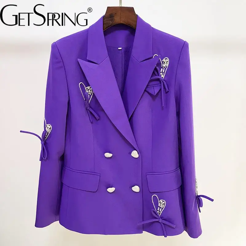 

Getspring Женский блейзер с бантом и бриллиантами, блейзер в стиле пэчворк, двубортный Блейзер, пальто, Женский винтажный Модный блейзер с длинн...