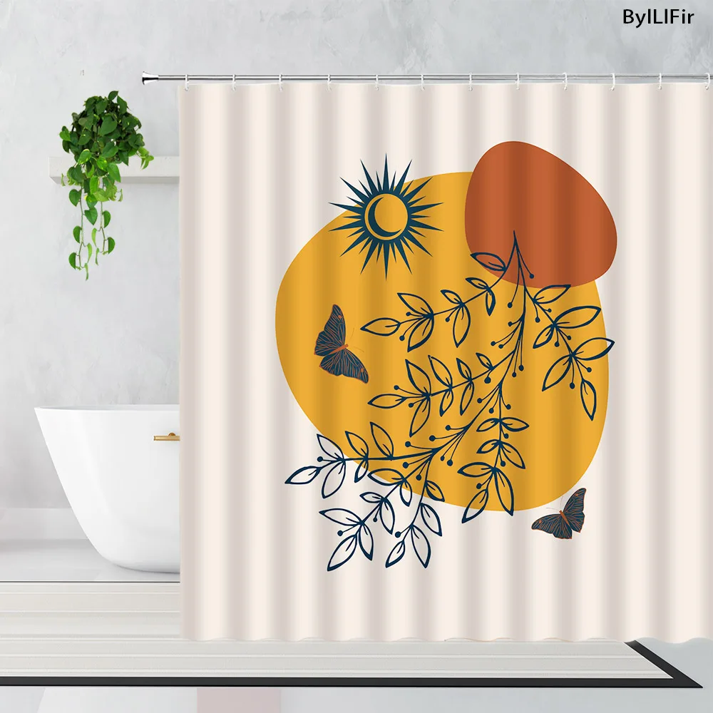 

Креативная занавеска для душа среднего века s абстрактные солнцезащитные растения листья бабочки геометрический узор тканевая занавеска д...