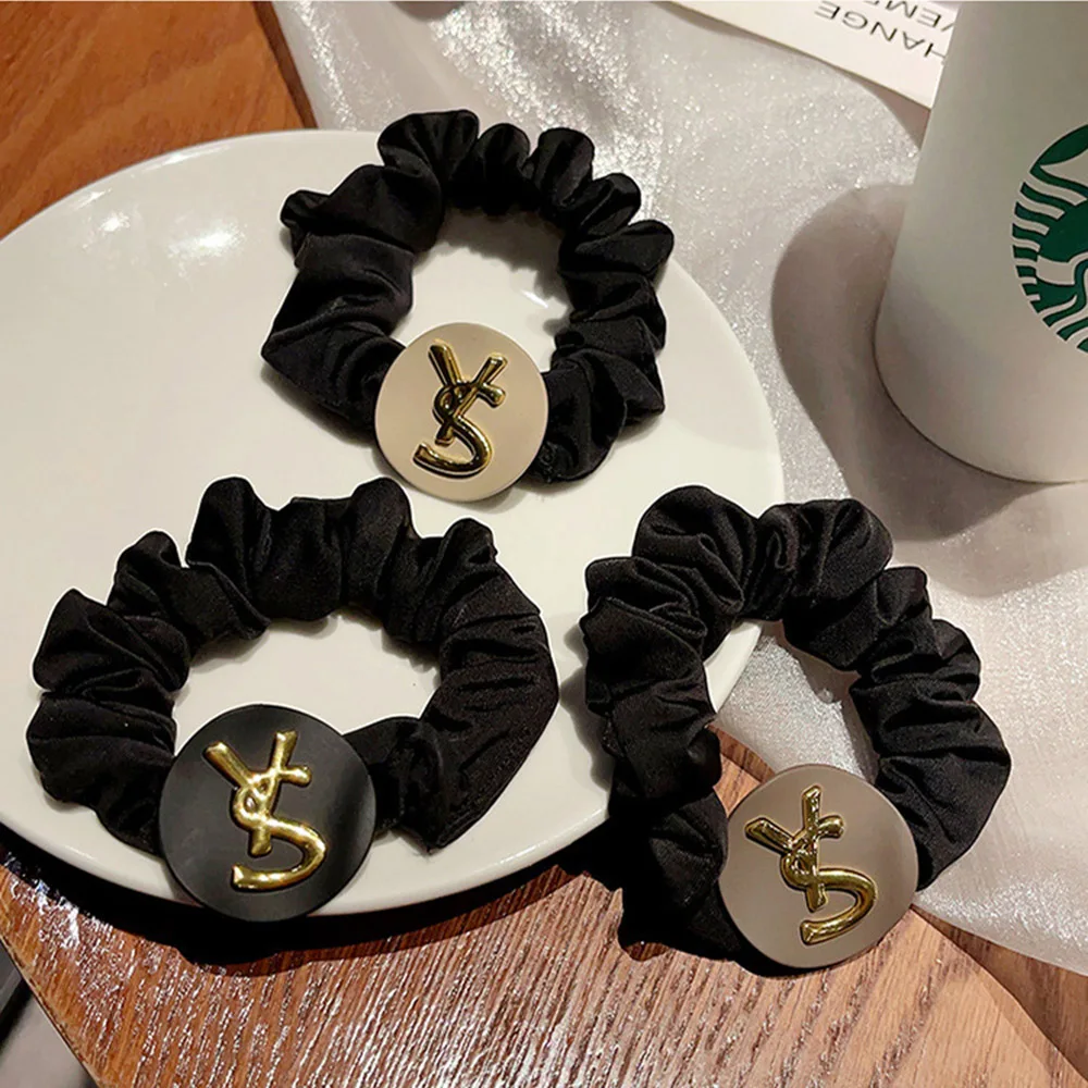 

Fashion Vintage English Letters Hairband High Elastic Solid Color Pleated Scrunchies for Women Girls Ponytail Bun Hair Ring Gift