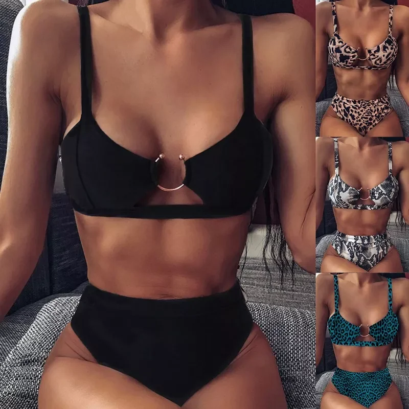 

Купальник-бикини с высокой талией, пикантный Леопард для женщин, купальник из двух предметов с чашками пуш-ап, черные купальники с подкладко...