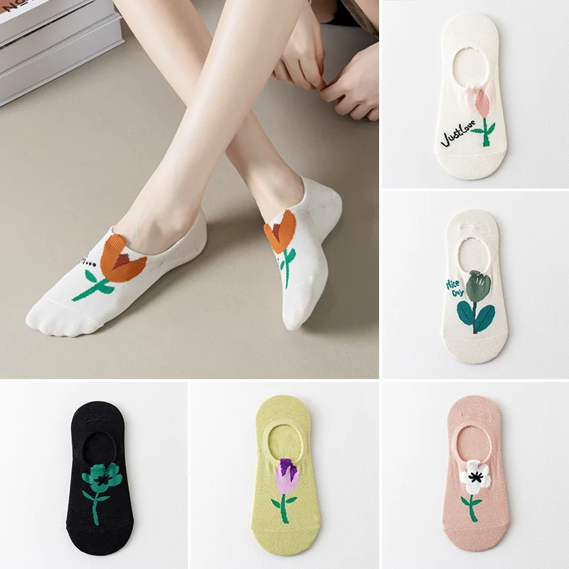 

1Pair Women's Tulip Flower Invisible Boat Socks Spring Summer Thin Candy Colors Socks Shallow Mouth short barrel Socks