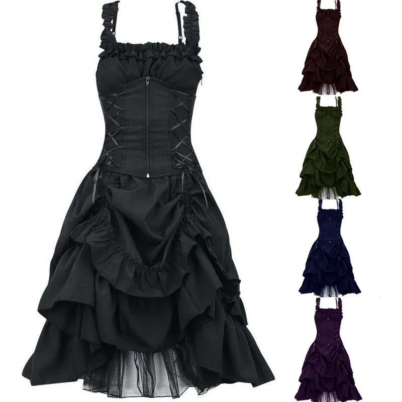 

Ladies Lolita Costume Gothic Ball Dress Slim Irregular Lace Dress with Belted Waist