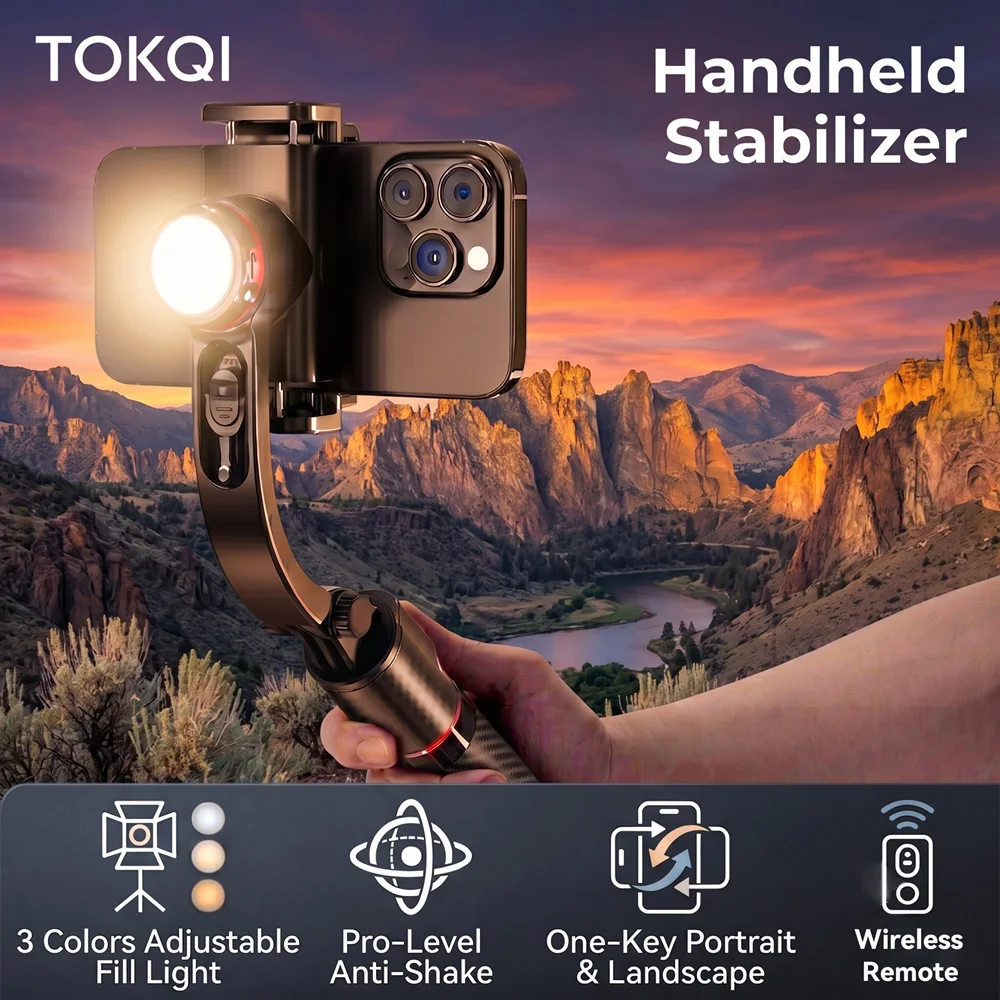 Фото Стабилизатор TOKQI Gimbal с защитой от тряски, из алюминиевого сплава, с подсветкой, селфи-палка, штатив 360° °   Поворотный механизм для съемки в путешествиях и прямых трансляциях №2