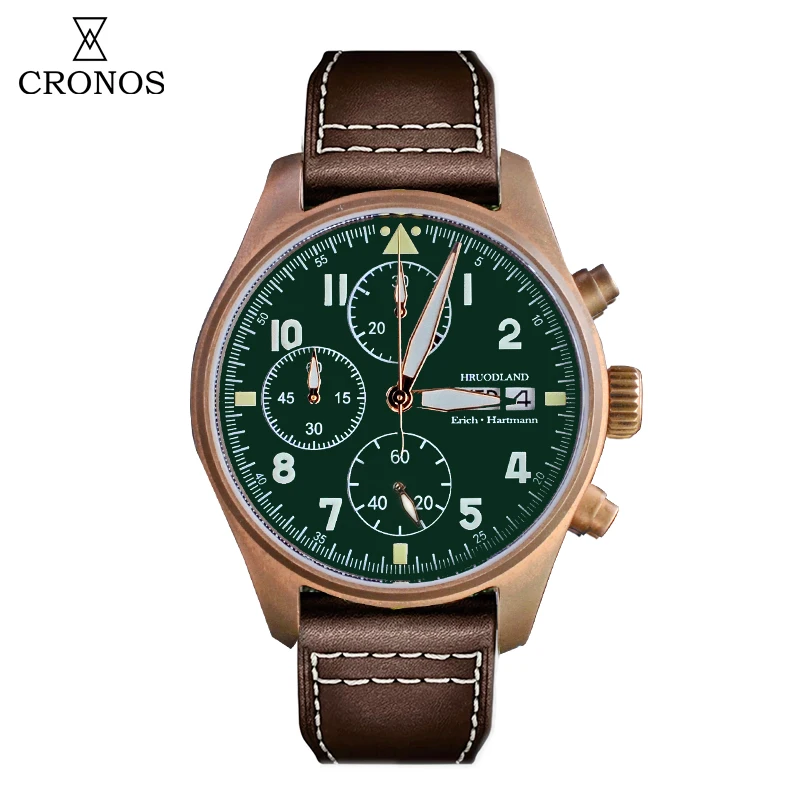 

Cronos Hruodland Quartz Men Watch Chronograph Bronze CuSn8 Sapphire Convex 100m Water Resistance Pilot Wristwatch