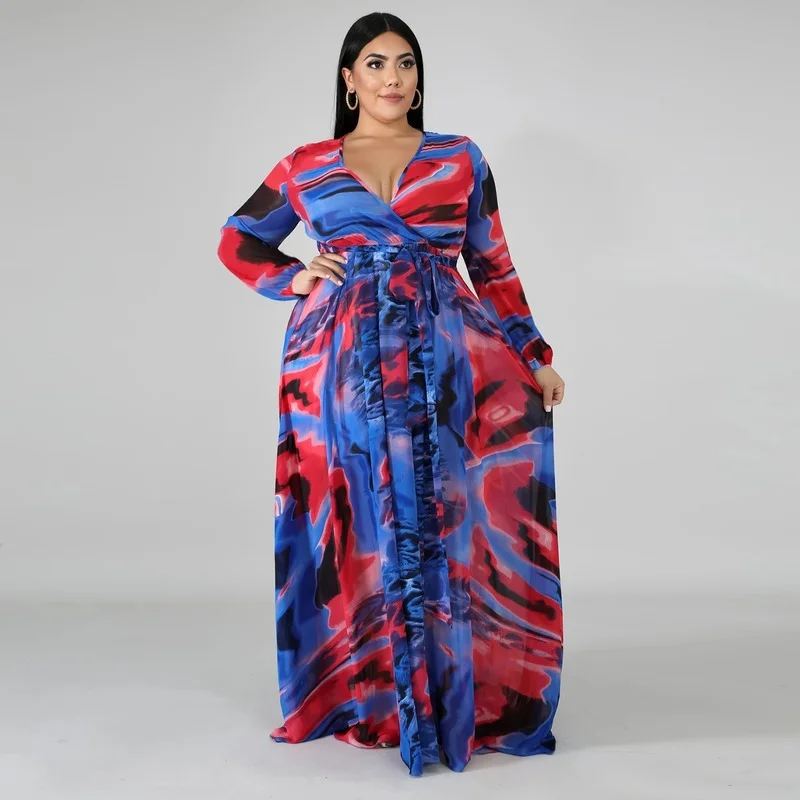 

Summer Plus Size Dresses Women Chiffon Long Sleeve Vestidos V-Neck Evening Floral Dinner Maxi Dress Beach Outfits Boho Vestido