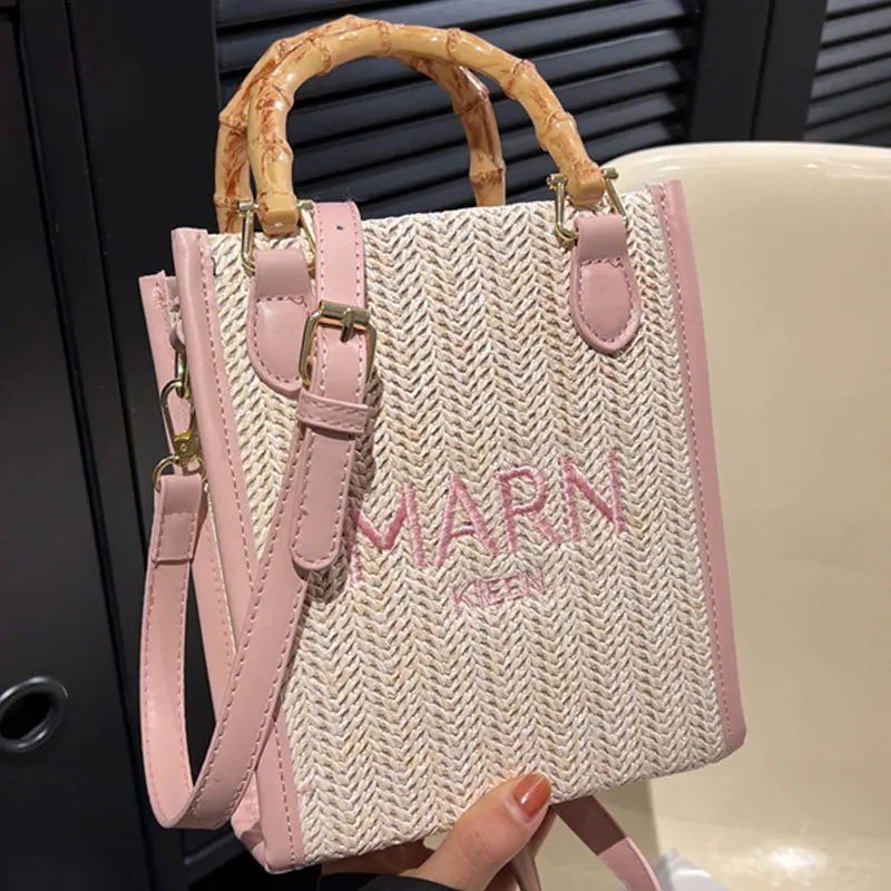 

2023 Spring Summer Women's Bag Female Straw Shoulder Bag Fashion Letters Small Beach Crossbody Bags Bamboo Handle Handbag Purse