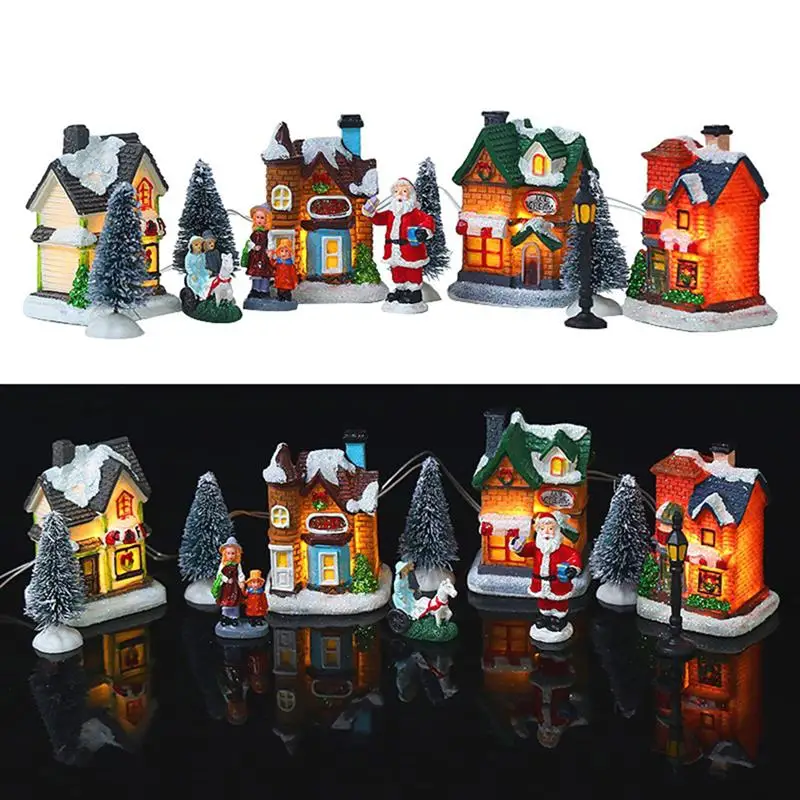 

Christmas Village Set Resin Xmas Scene Village LED Lighted Miniature Houses Town Xmas Village Houses Gift Sent on the same day