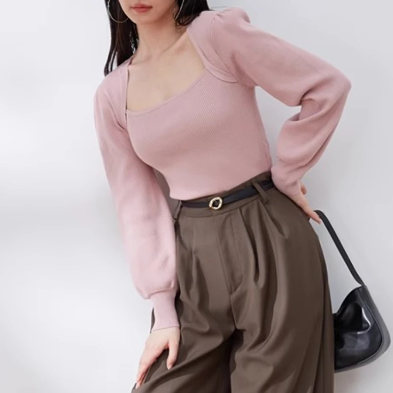 Элегантный пуловер с квадратным воротником на завязках сзади свитер в японском