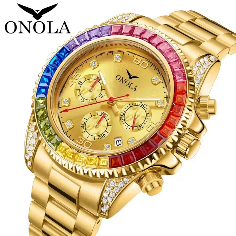 Фото ONOLA 6842G TOP Деловые золотые кварцевые часы мужские цветные бриллианты из нержавеющей стали водостойкий светящийся календарь мужские роскошные часы №3