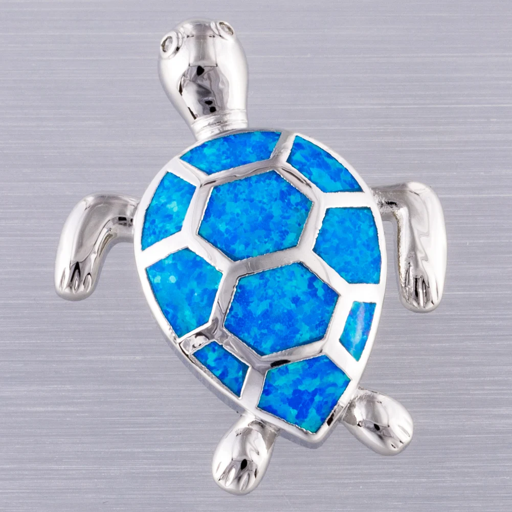 

KONGMOON Hawksbill Green Sea Turtle Ocean Blue Fire Opal Silver Plated Jewelry for Women Pendant for Necklace