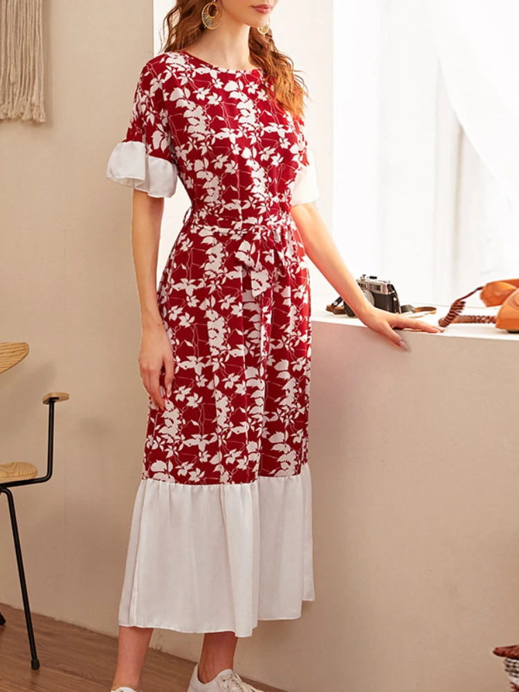 

Летнее повседневное элегантное платье миди с цветочным принтом и поясом, женское шифоновое Сетчатое милое платье составного кроя с кружевн...