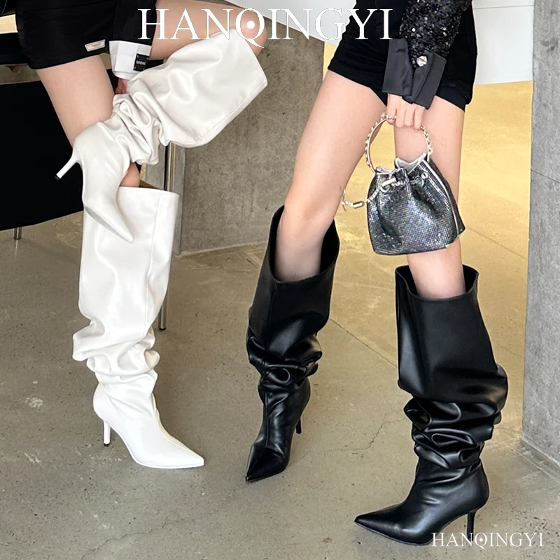 

Female Shoes For Western Over-the-Knee Boots Autumn Women Heels Pleated Pumps Ladies Knight Long Boots Luxury Modern Footwear