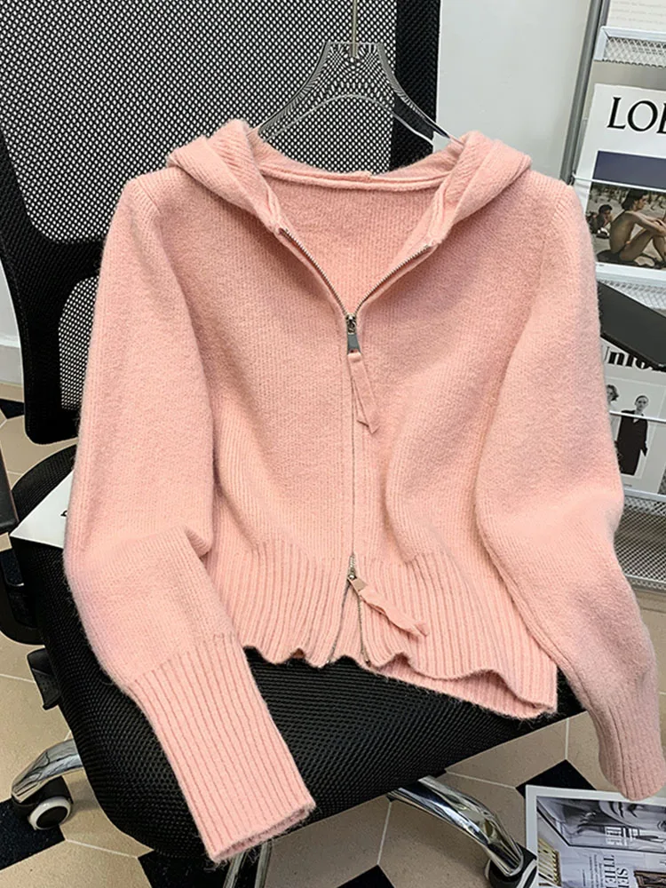 Женский однотонный кардиган с капюшоном простой облегающий свитер длинным