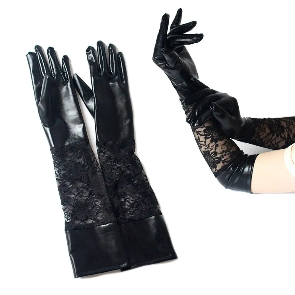 

Leather Lace Patchwork Long Gloves Funny Punk Dance Performance Banquet Mittens Black Gothic Clubwear Mitten Halloween