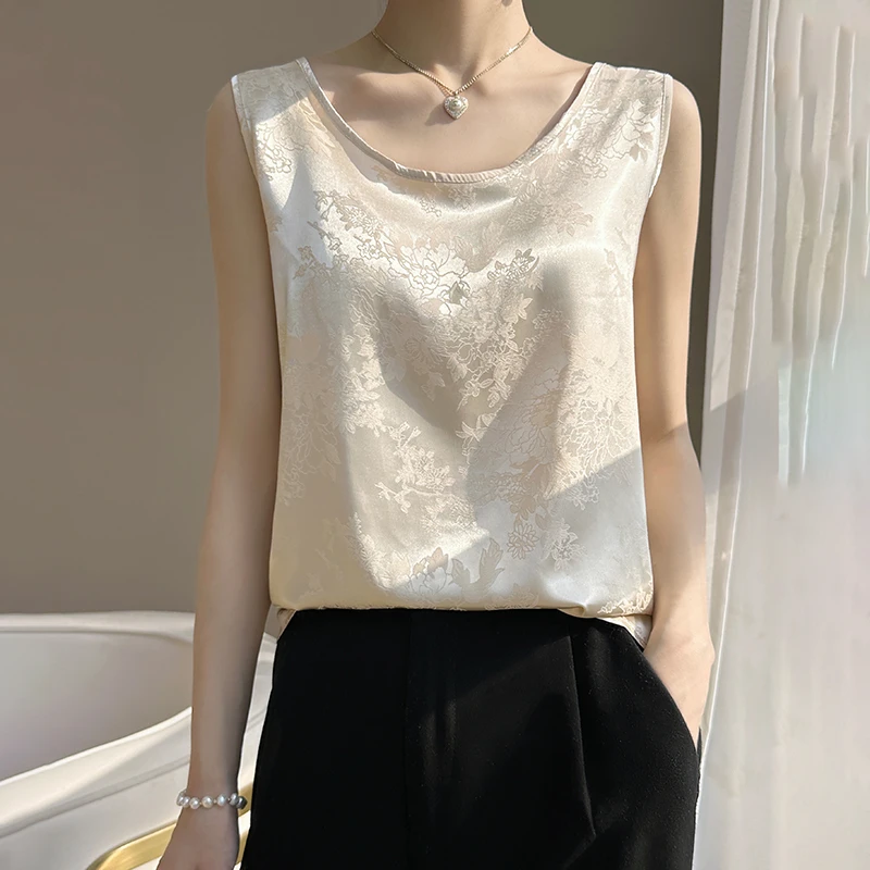 

Топ женский на бретельках, базовая белая майка с круглым вырезом, атласная шелковая майка без рукавов, женская летняя кофта с цветочным и листовым узором