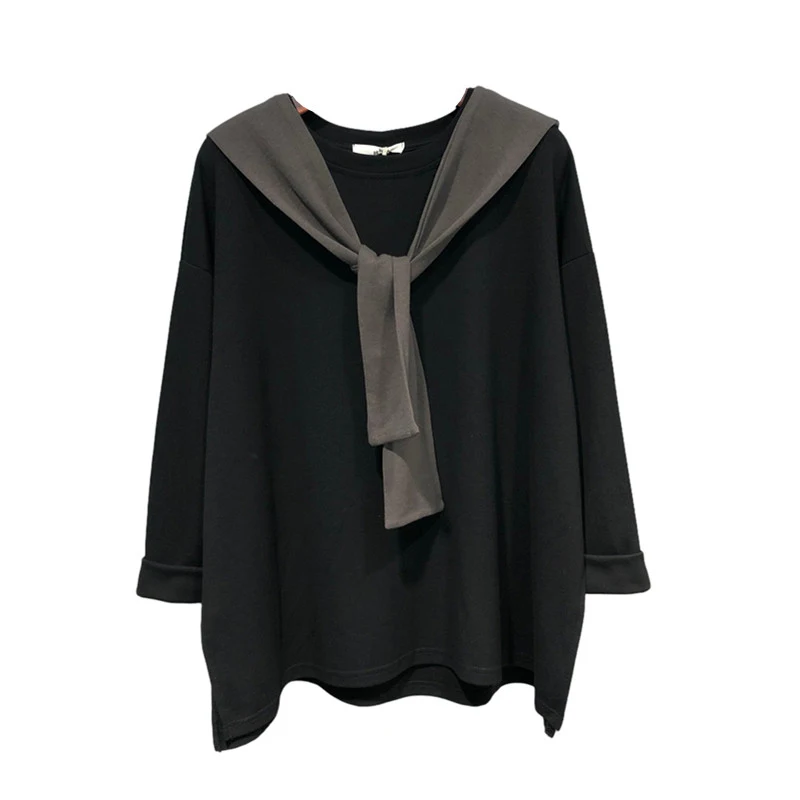 

EBAIHUI T-shirt with Wraps for Women Tender Design Loose-fitting T Shirt Casual Crew Long Sleeve Female All Match Tops