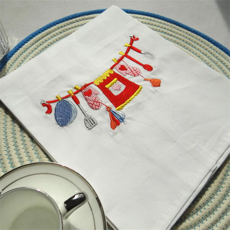 

45x65cm Kitchen Tool Embroidered Table Napkin Baking Gourmet Cloth White Cotton Tea Towel Decor Gift