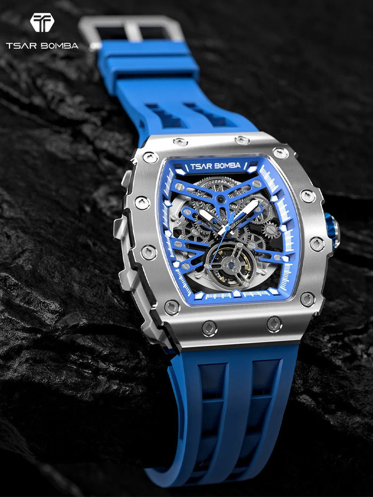 TSAR BOMBA Mechanical Watches for Men Sapphire Tonneau Wristwatch Skeleton Blue Clock Fashion Luxury Mens Automatic Watch
