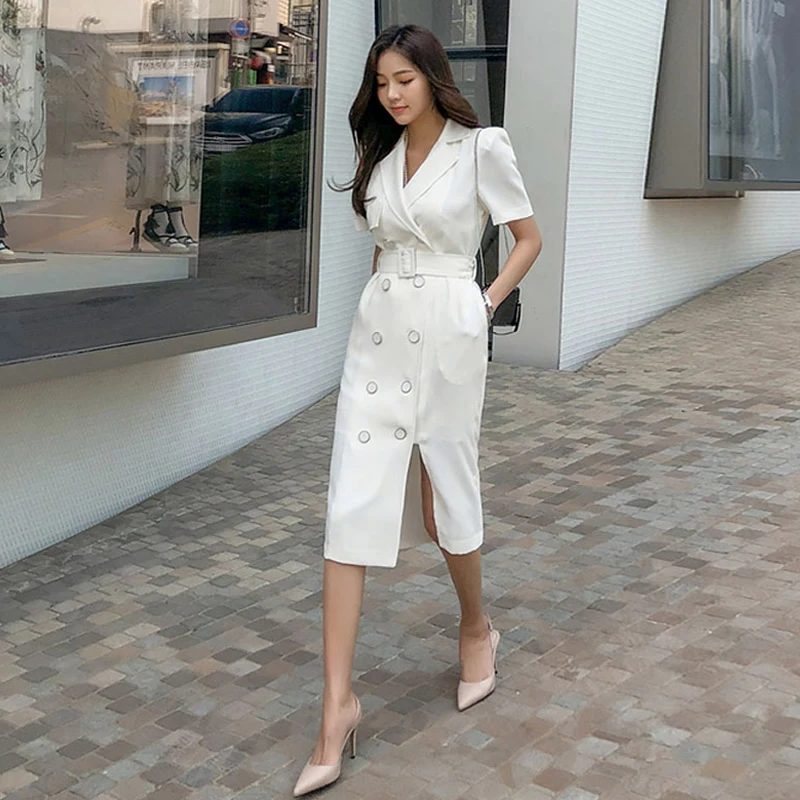 Women Elegant Office Dress Formal Temperament Vintage Casual Simple Solid Short Sleeve Belt Midi Pencil Dresses