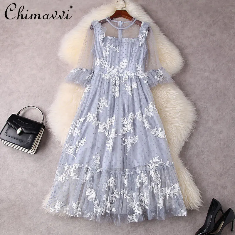 

2022 Spring Clothing French Romantic Embroidered Slim Slimming Midi Dress Women Fashion Mesh Bell Sleeve Elegant Dresses