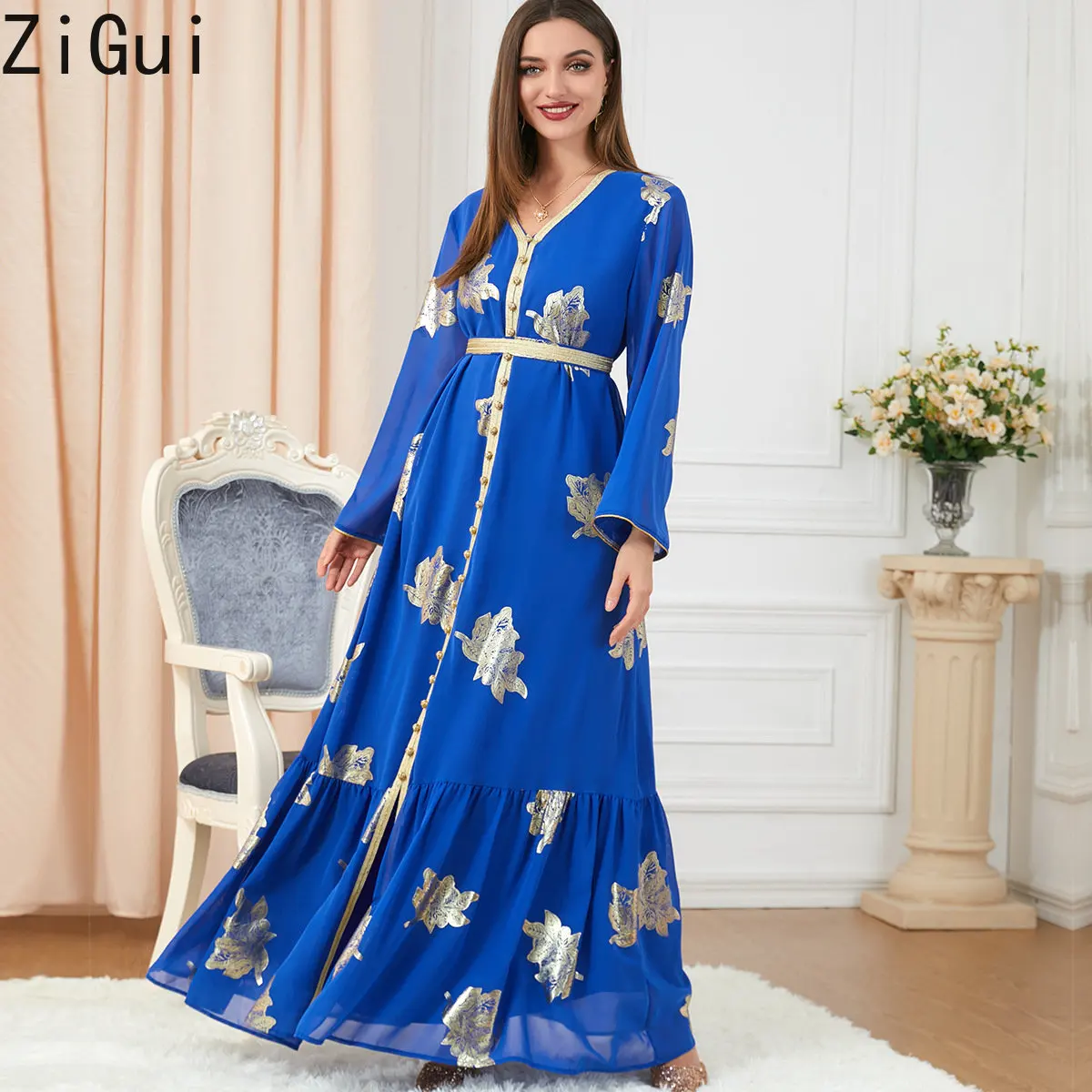 

Zigui Muslim Dubai Luxury Long Dresses For Women Dark Blue Printing Button Tape Trim Belted Womens Dresses