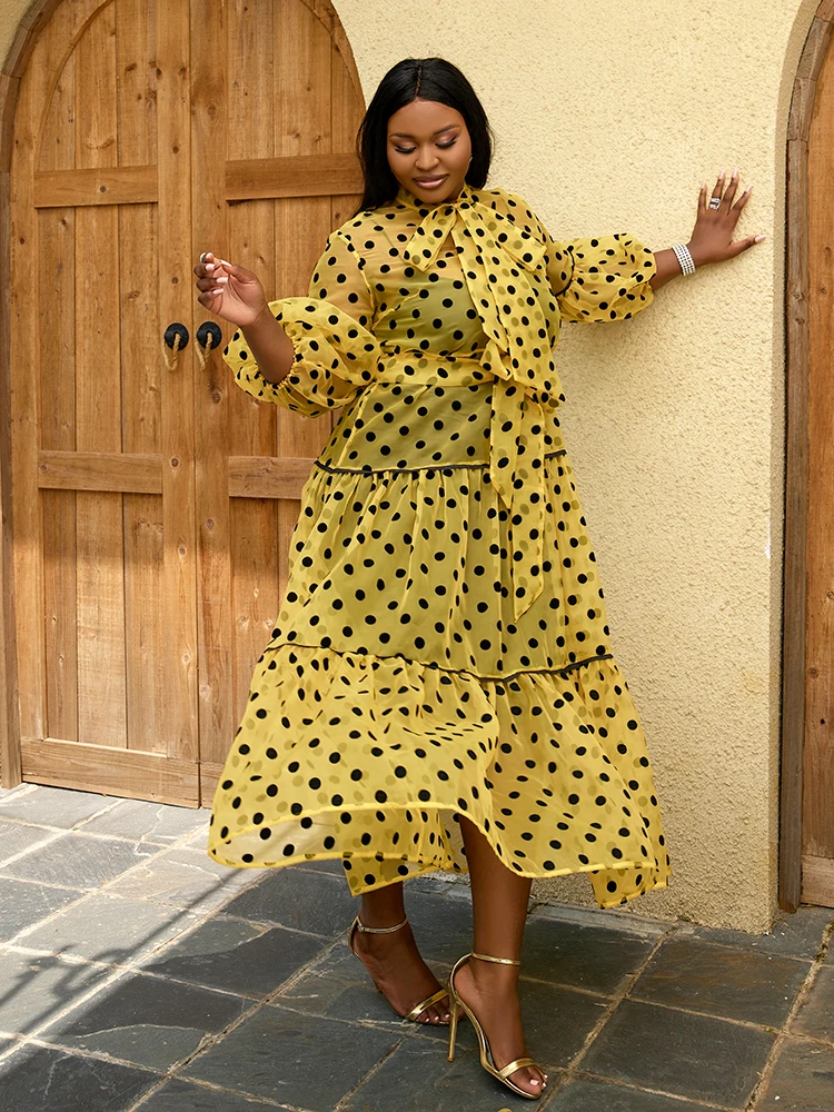 

Женское Сетчатое платья AOMEI, длинное, с принтом в горох, с бантом на шее, с оборками