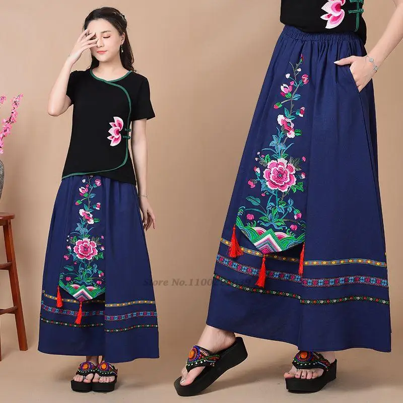 

2023 women traditional flower embroidery long skirt chinese national cotton linen loose skirt retro elastic waist vintage skirt