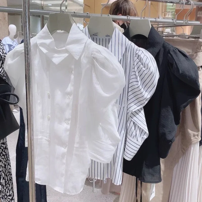 

Блузка с косыми лацканами и пышными рукавами, асимметричная двубортная приталенная женская блузка, Новинка лета 2023