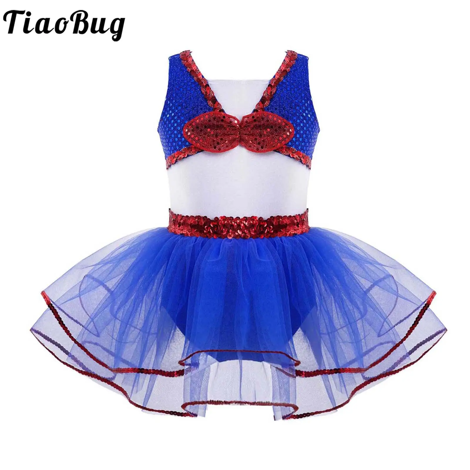 

Tiaobug Kids Girls 6-16 Navy Role Play Sleeveless Leotards Dresses Shiny Sequins with Bow Mesh Dress Up Cosplay for Performance