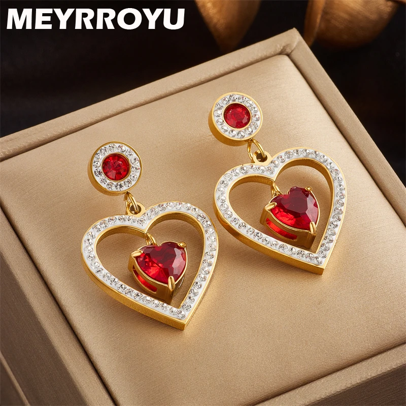 

MEYRROYU 316L Stainless Steel New Heart Geometry Red Cubic Zirconia Statement Earrings For Women Female Party Gift Brincos 2022