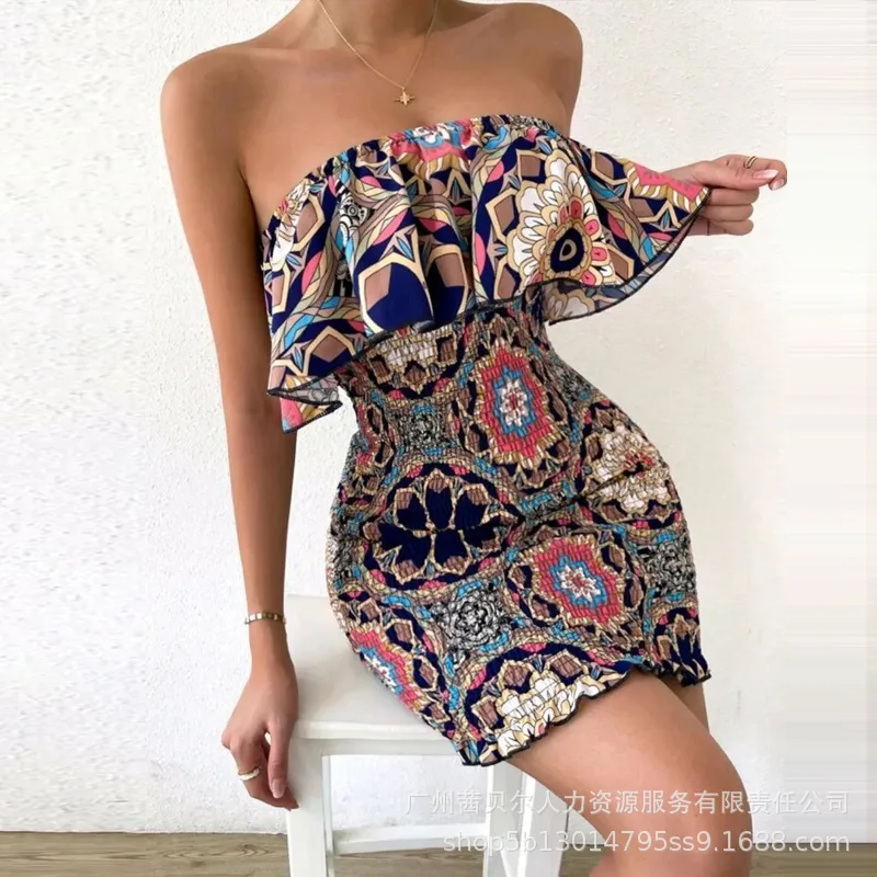 

Mandylandy Women Elegant Summer Floral Print Bohemian Bodycon Dress Fashion Y2K Off Shoulder Strapless High Waist Corset Dress