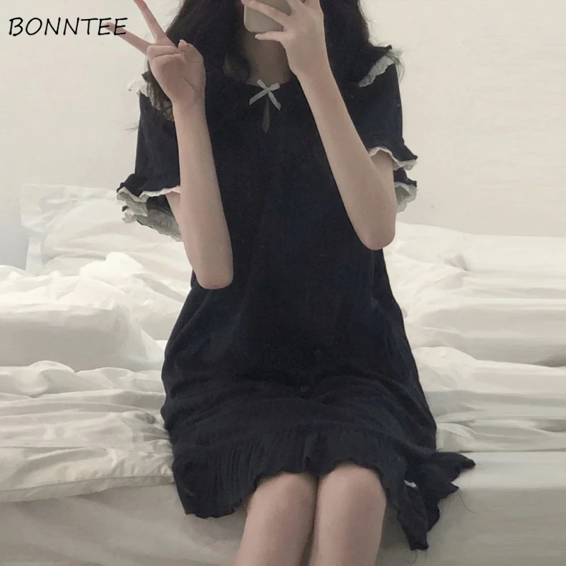 

Nightgowns Women Kawaii Design Print Soft Trendy Summer Lounge Wear Leisure Japanese Style Simple Ruffles Female Basic Home Ins