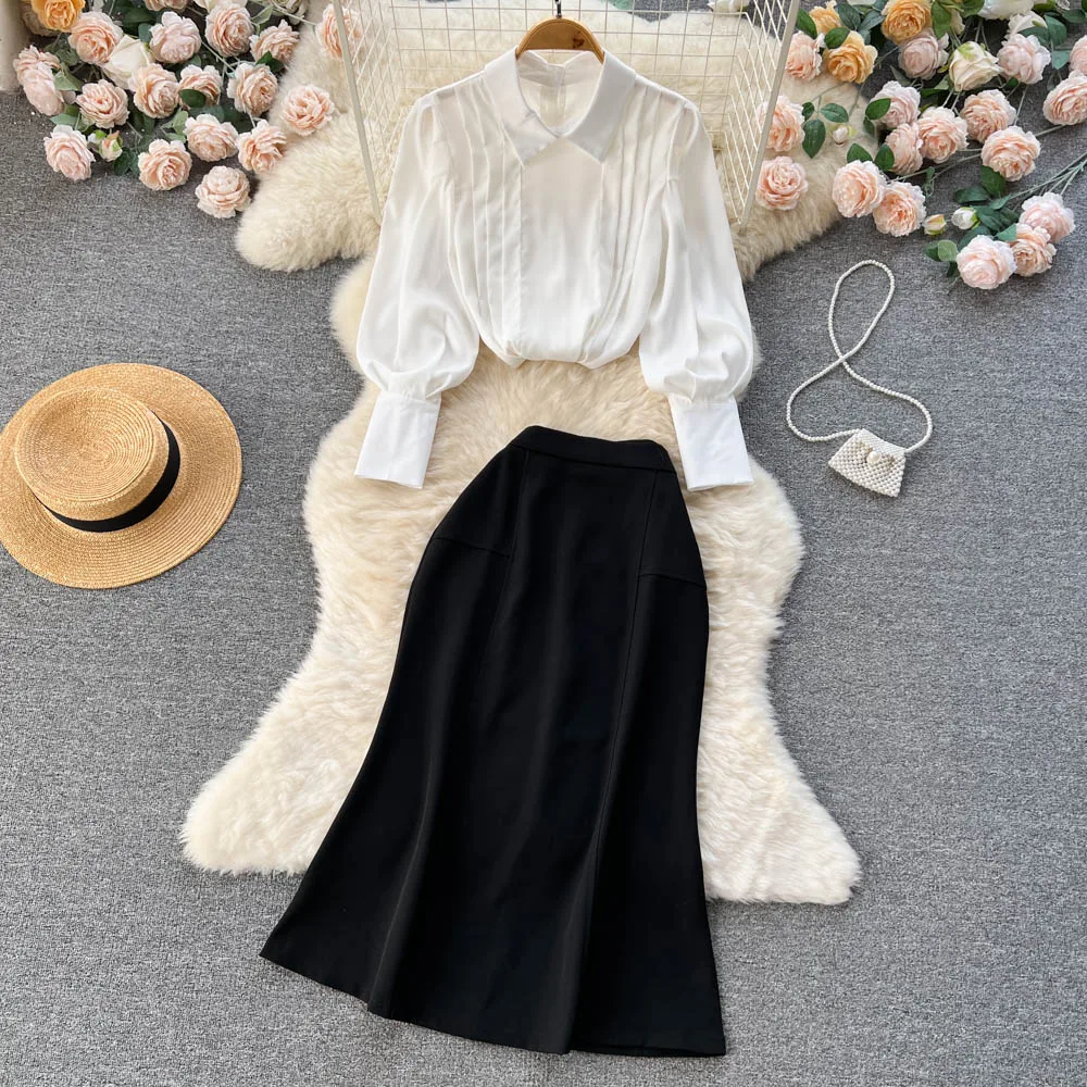 

Autumn Professional Pleated Lapel White Shirt + Fishtail Package Hip Half-body Skirt Two-piece Set