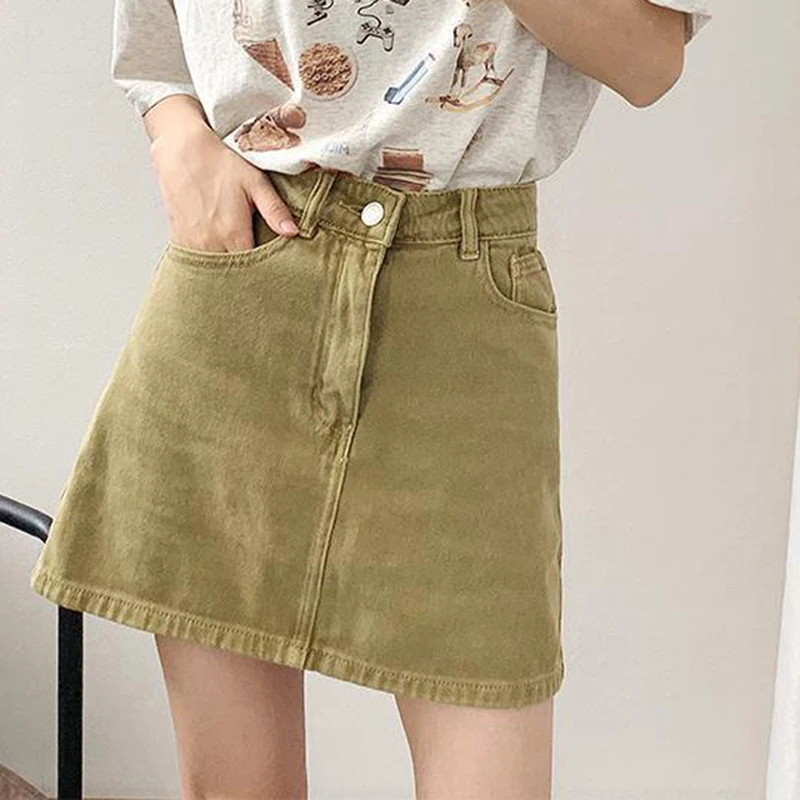 Denim short skirt ins wine red female student Korean  summer new style high waist half body A word  vintage  denim skirt