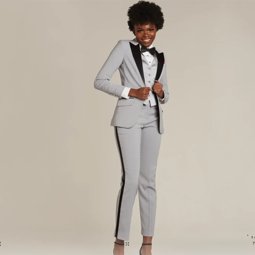 Women's 3-piece Slim Business Work Wear Party Wedding Tuxedo Gray Pants Set Blazer+ Pants+Vest