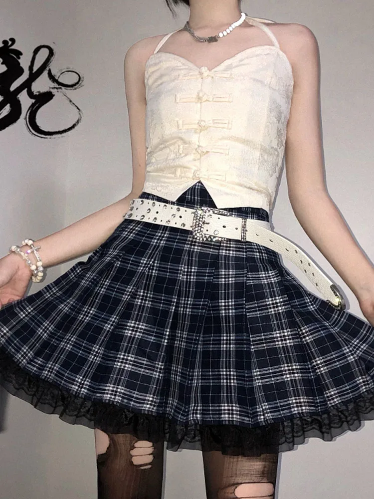 

Personality High Waist Pleated Design Vintage A-Line Tooling Skirt Streetwear Harajuku Diablo Style Lace Plaid JK Mini Skirt