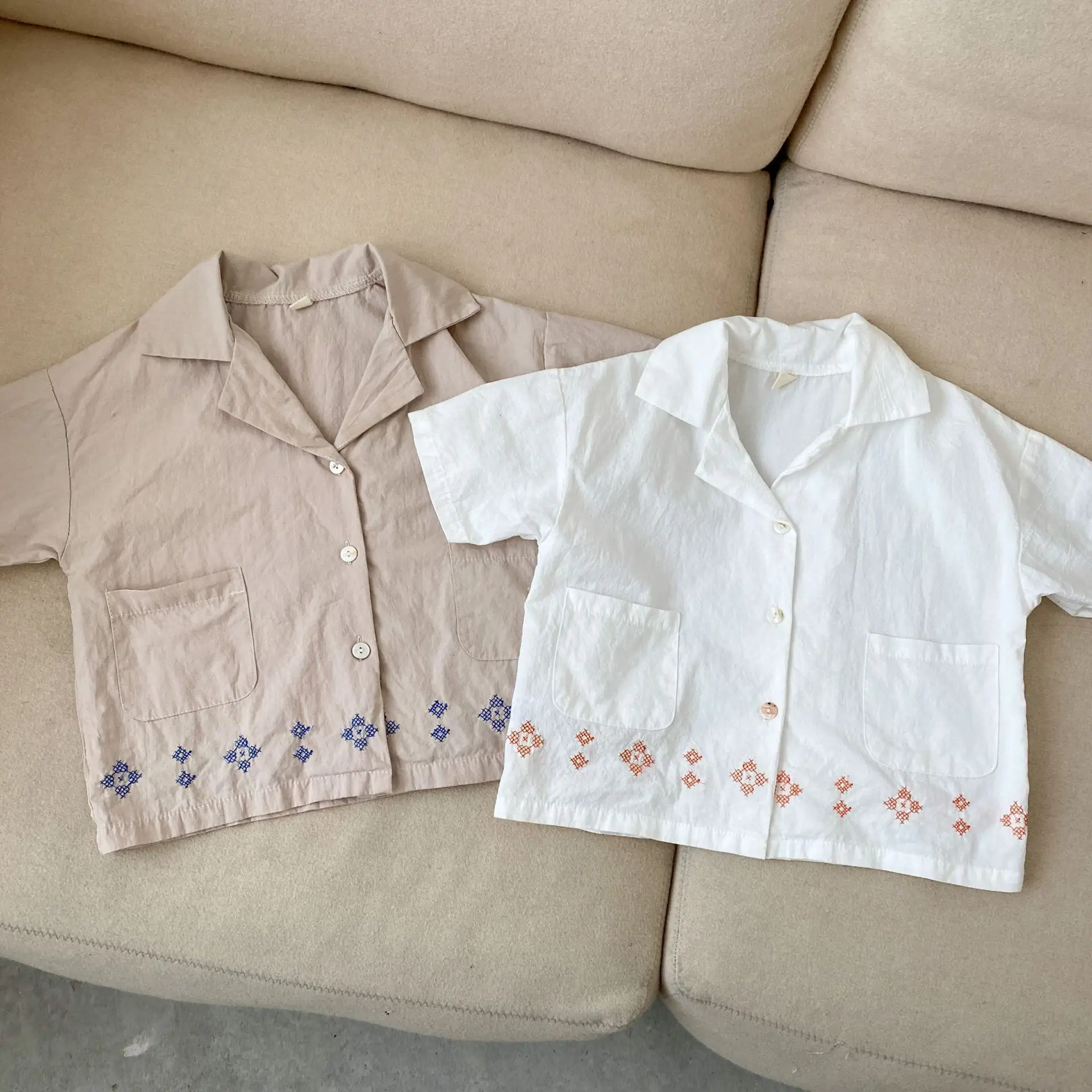 

Рубашка с коротким рукавом для мальчиков и девочек, Модный милый кардиган с вышивкой, куртка, летняя детская одежда